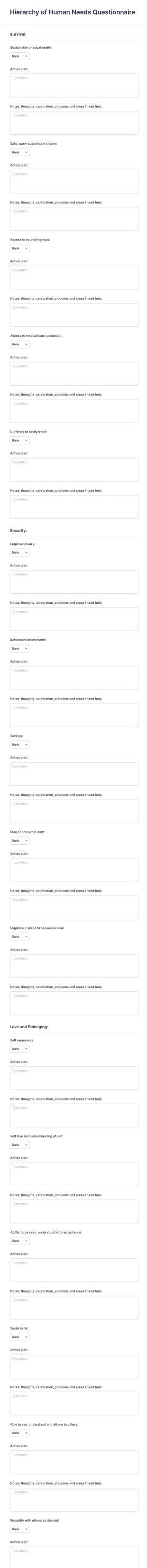 Human Needs Questionnaire Form Template