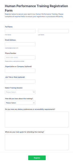 Human Performance Training Registration Form Template