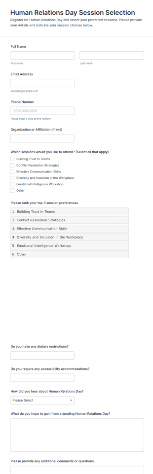 Human Relations Day Session Selection Form Template