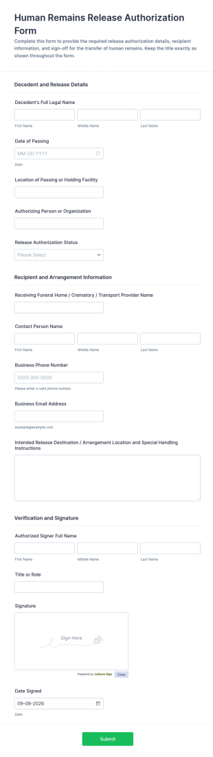 Human Remains Release Authorization Form Template