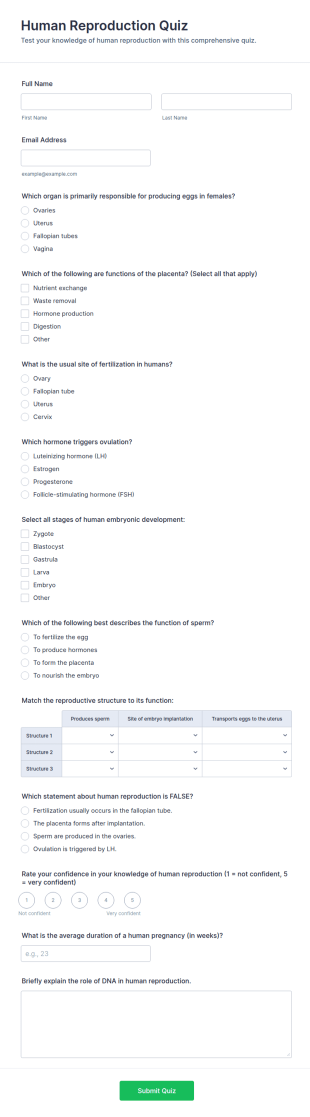 Human Reproduction Quiz Form Template