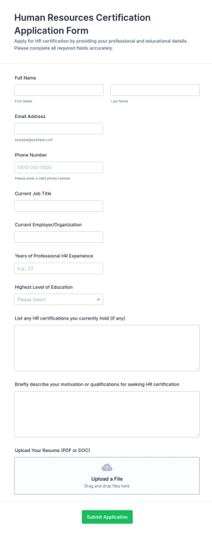 Human Resources Certification Application Form Template
