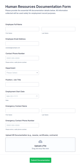 Human Resources Documentation Form Template