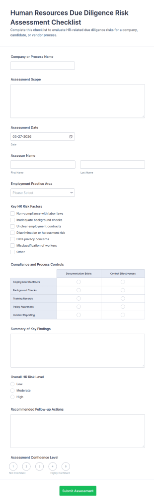 Human Resources Due Diligence Risk Assessment Checklist Form Template