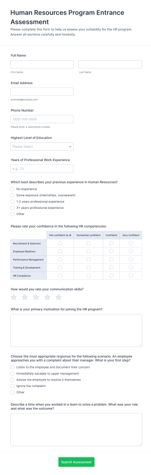 Human Resources Program Entrance Assessment Form Template