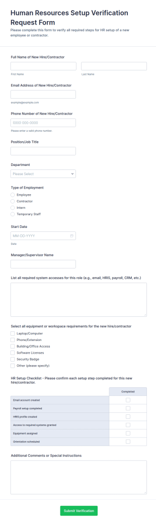 Human Resources Setup Verification Request Form Template