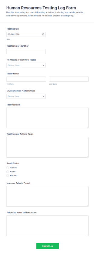 Human Resources Testing Log Form Template