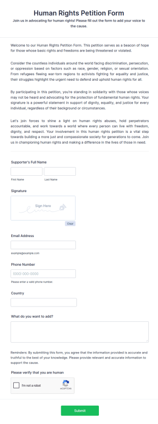 Human Rights Petition Form Template