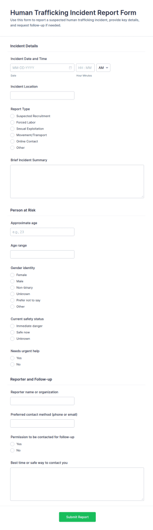 Human Trafficking Incident Report Form Template