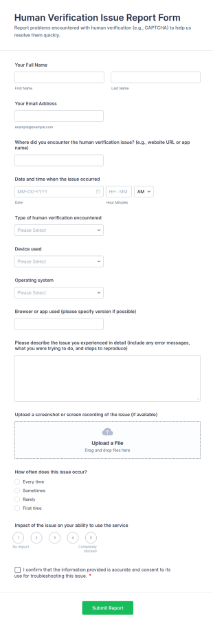 Human Verification Issue Report Form Template