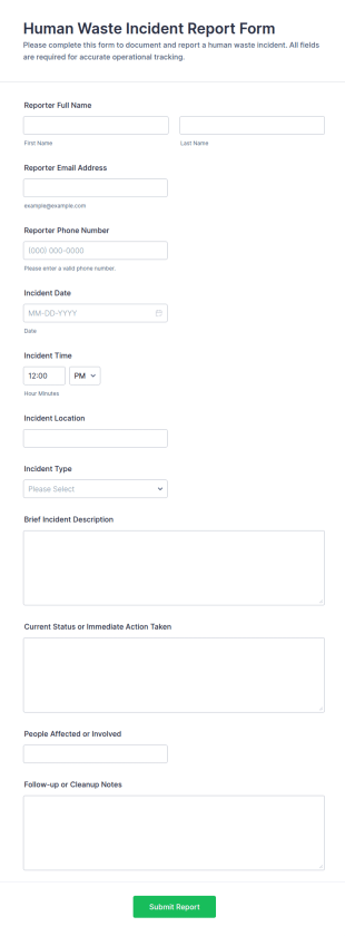 Human Waste Incident Report Form Template