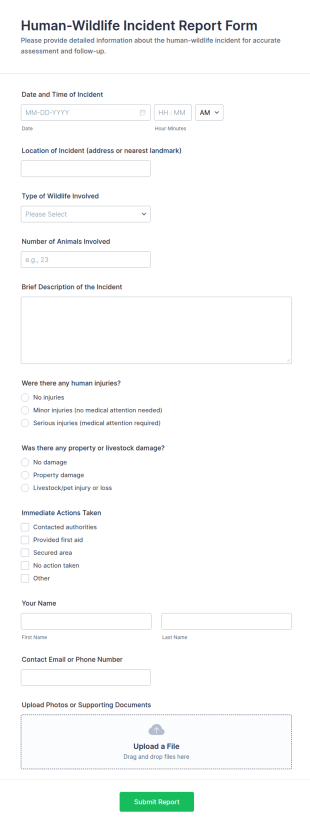 Human Wildlife Incident Report Form Template