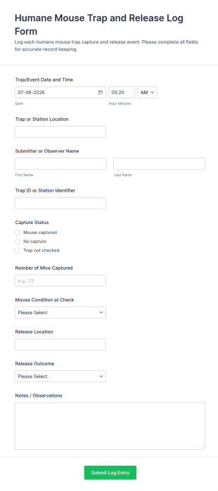 Humane Mouse Trap And Release Log Form Template