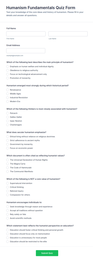 Humanism Fundamentals Quiz Form Template