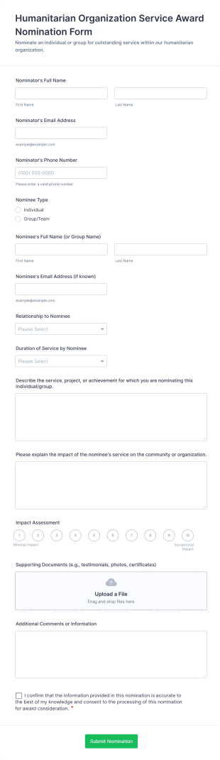 Humanitarian Organization Service Award Nomination Form Template