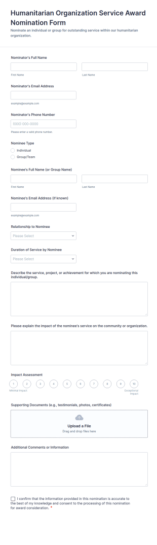 Humanitarian Organization Service Award Nomination Form Template