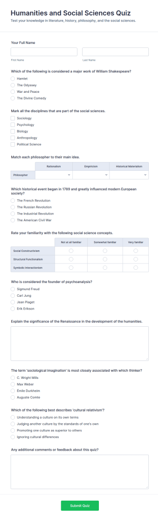 Humanities And Social Sciences Quiz Form Template