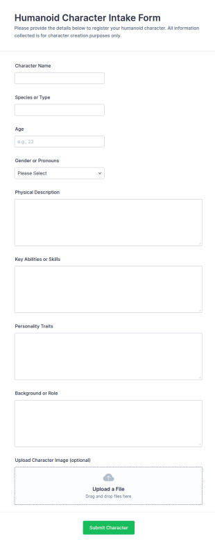 Humanoid Character Intake Form Template