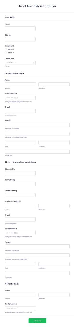 Hund Anmelden Formular