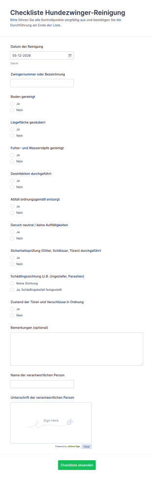 Hundepension Reinigungs Checkliste Formular