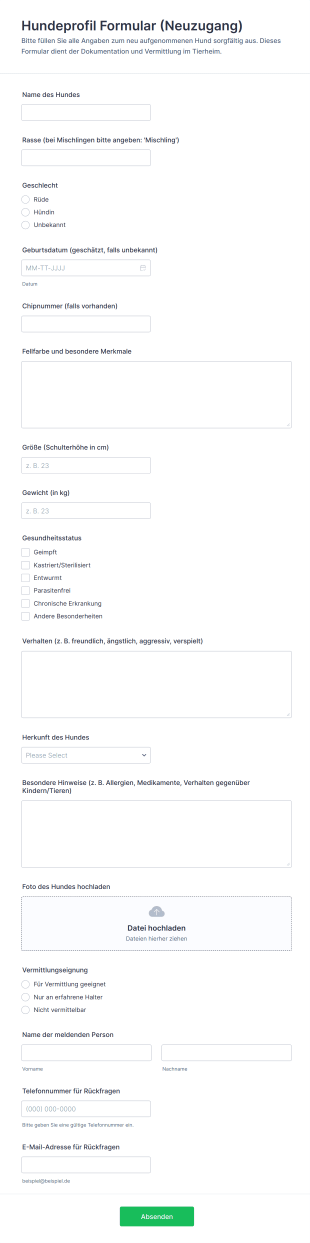 Hundeprofil Formular (Neuzugang)