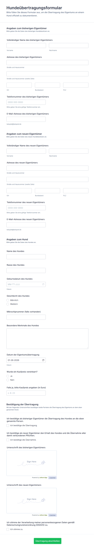 Hundeübertragungsformular