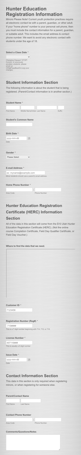Hunter Education Registration Form Template