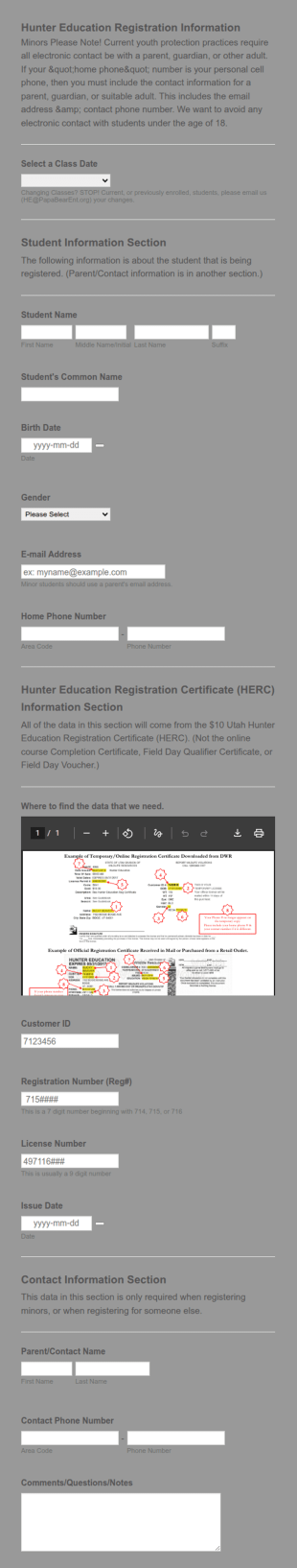 Hunter Education Registration Form Template