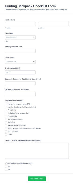 Hunting Backpack Checklist Form Template