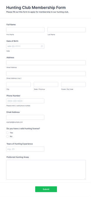 Hunting Club Membership Form Template