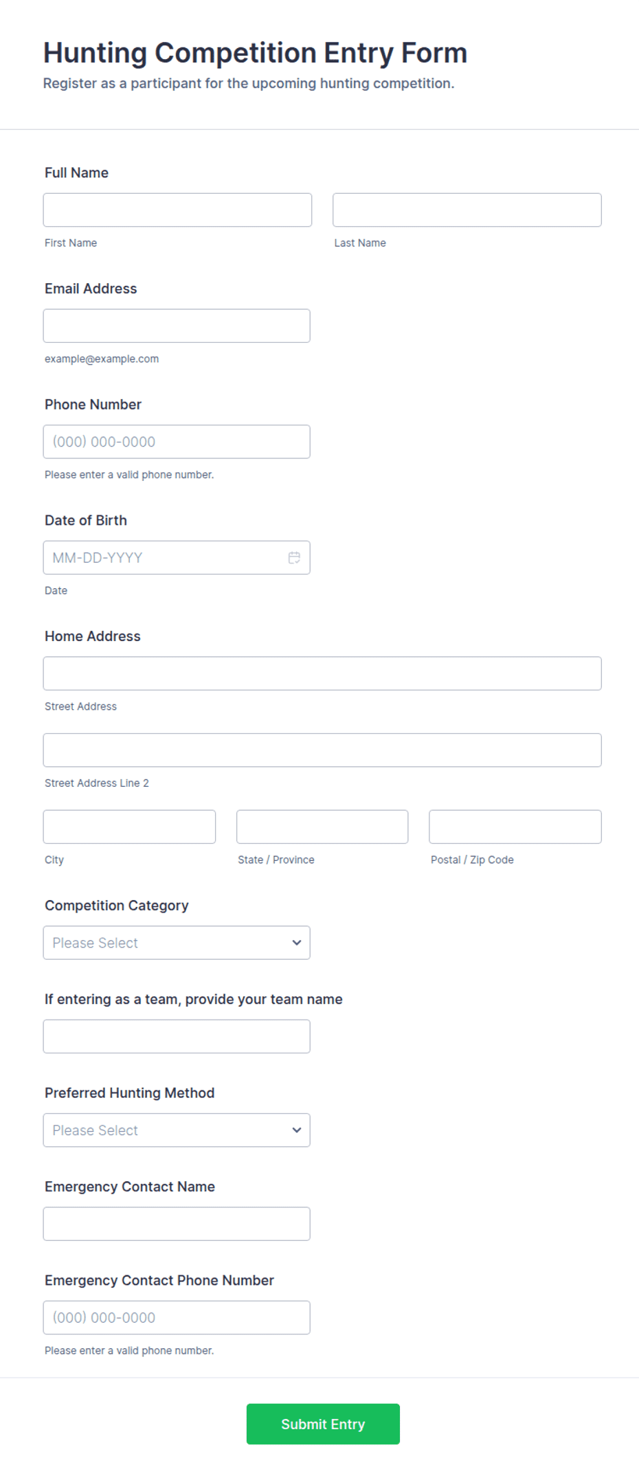 Compitition Entry Hunting Competition Entry Form Template | Jotform