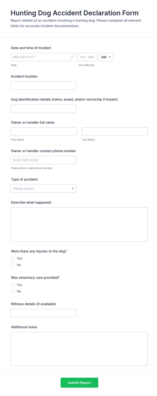 Hunting Dog Accident Declaration Form Template