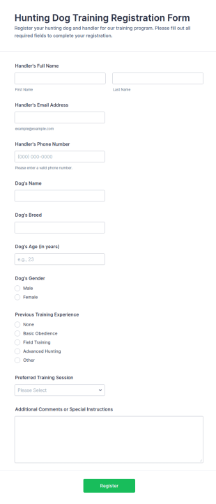 Hunting Dog Training Registration Form Template
