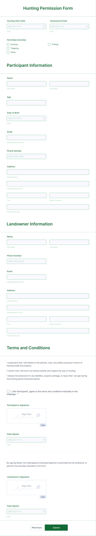 Landowner Hunting Permission Form Template