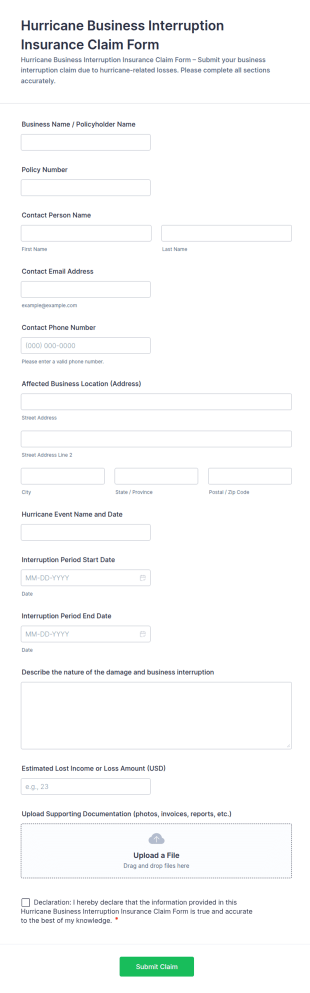 Hurricane Business Interruption Insurance Claim Form Template