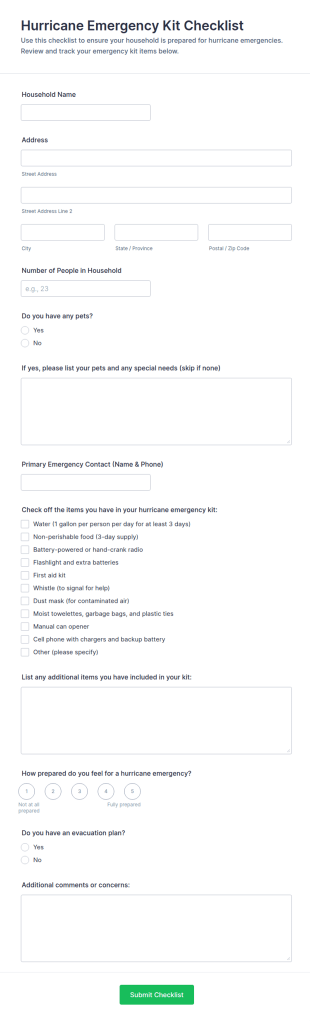 Hurricane Emergency Kit Checklist Form Template