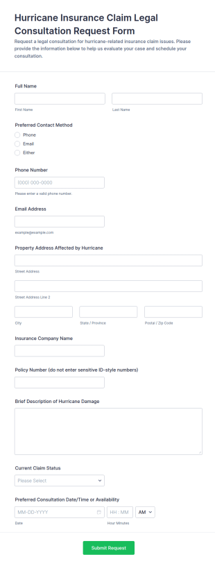 Hurricane Insurance Claim Legal Consultation Request Form Template