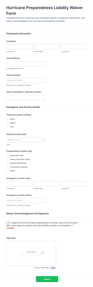 Hurricane Preparedness Liability Waiver Form Template