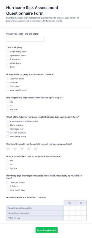 Hurricane Risk Assessment Questionnaire Form Template