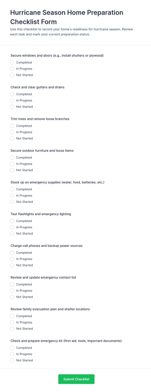 Hurricane Season Home Preparation Checklist Form Template