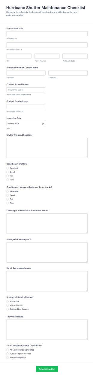 Hurricane Shutter Maintenance Checklist Form Template