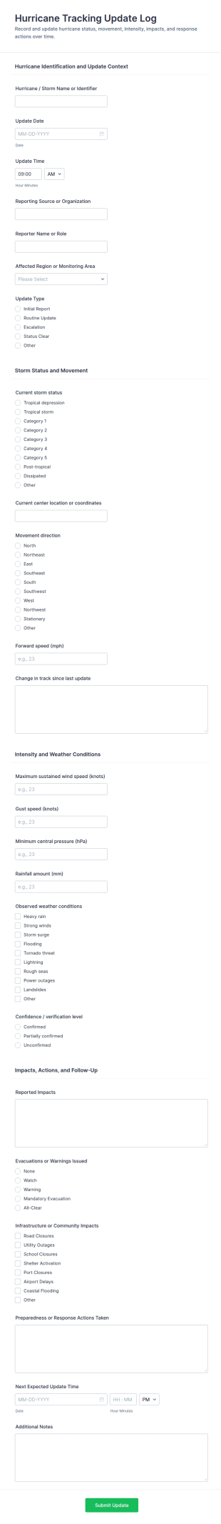 Hurricane Tracking Update Log Form Template