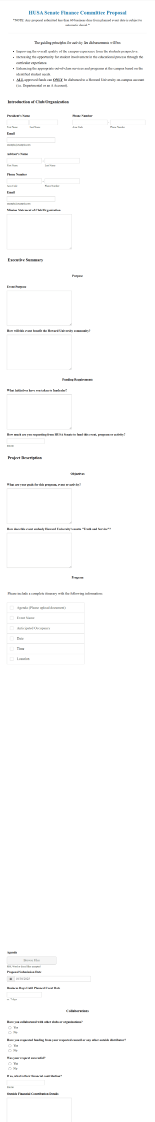 Senate Finance Committee Proposal Form Template