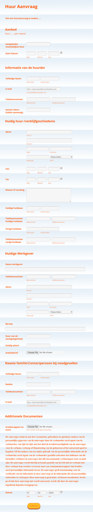 Huur Aanvraagformulier Form Template