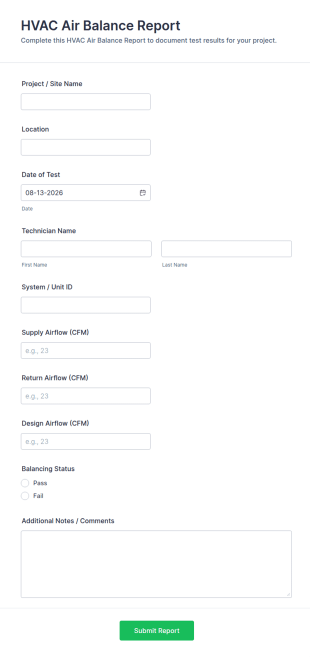HVAC Air Balance Report Form Template