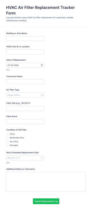 HVAC Air Filter Replacement Tracker Form Template