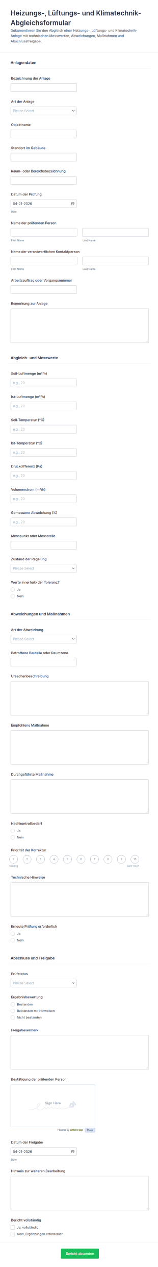 HVAC Bilanzbericht Formular