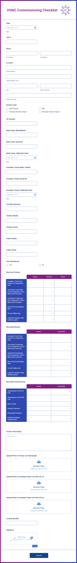 HVAC Commissioning Checklist Form Template