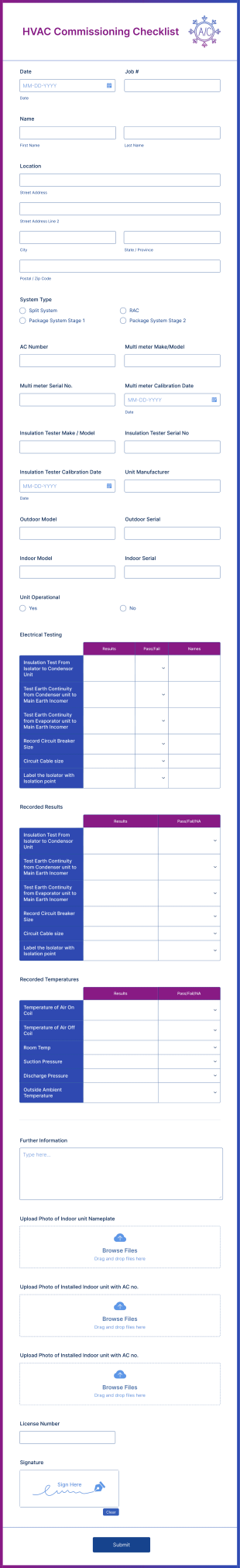 HVAC Commissioning Checklist Form Template