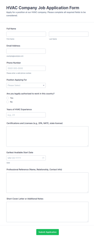 HVAC Company Job Application Form Template